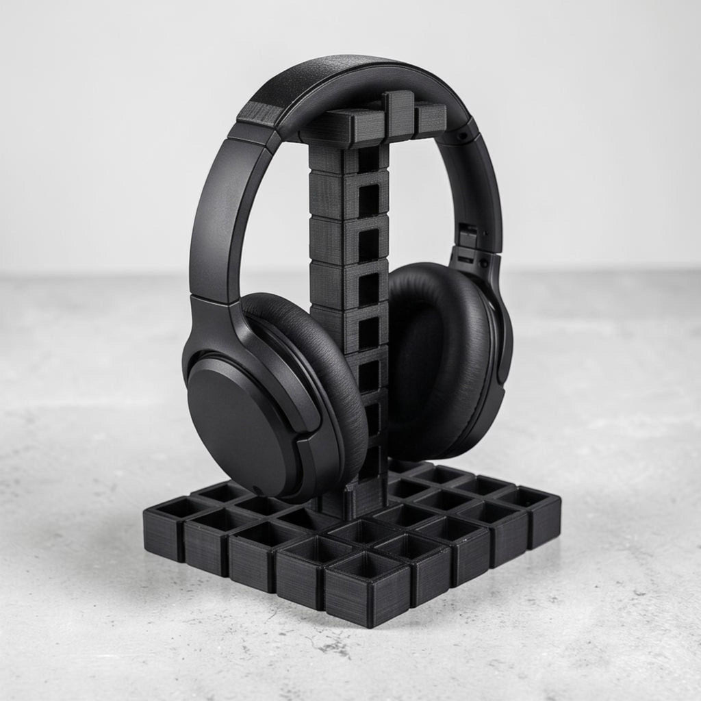 Industrial Grid Headphone Holder – 3D Printed Black Desk Organizer