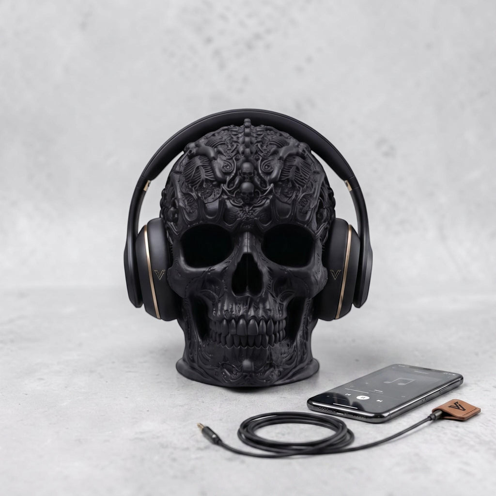 Gothic Skull Headphone Stand – Dark Academia Desk Decor