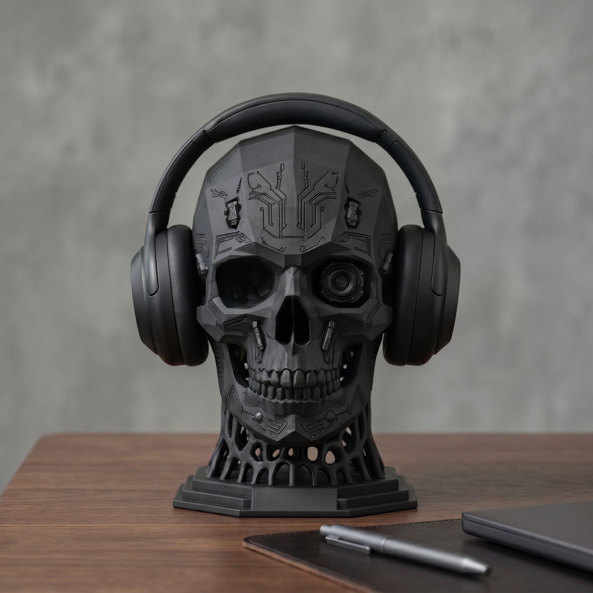 Mechanical Skull Headset Holder – Industrial Sci-Fi Gaming Desk Decor