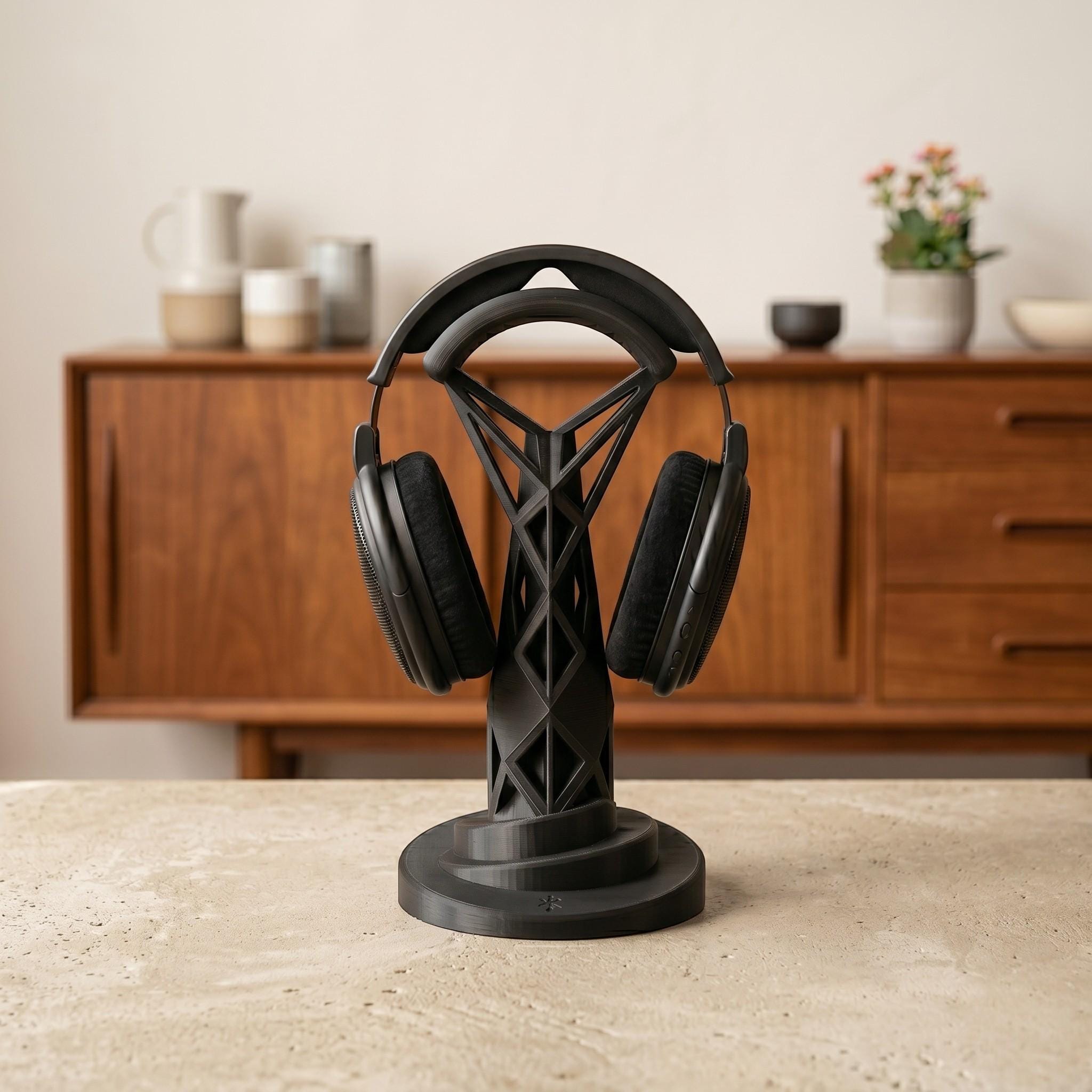 Geometric Headphone Stand – 3D Printed Black Gaming Desk Organizer