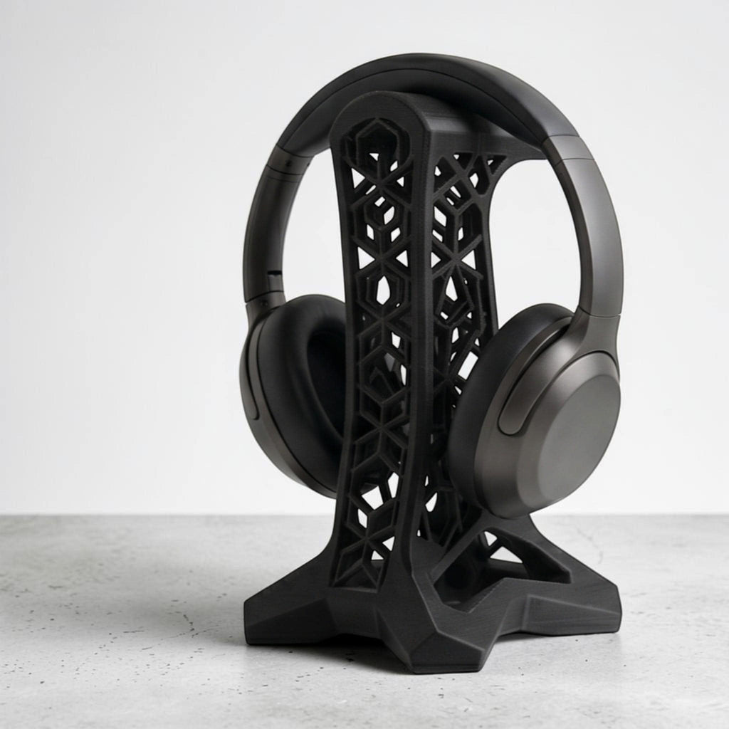Geometric Lattice Headphone Stand – 3D Printed Black Studio Dock