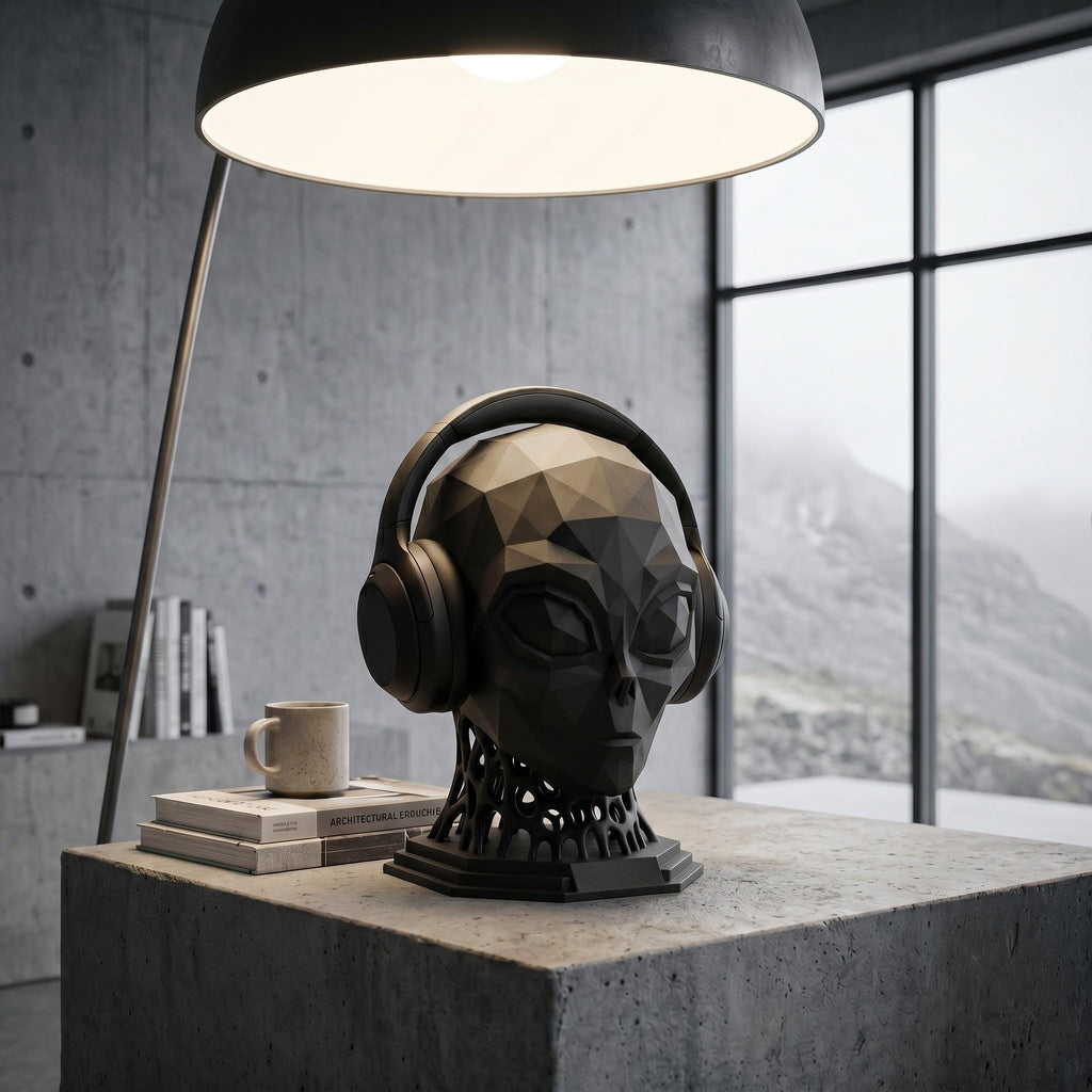 Alien Headphone Stand – Matte Black Extraterrestrial Desk Sculpture
