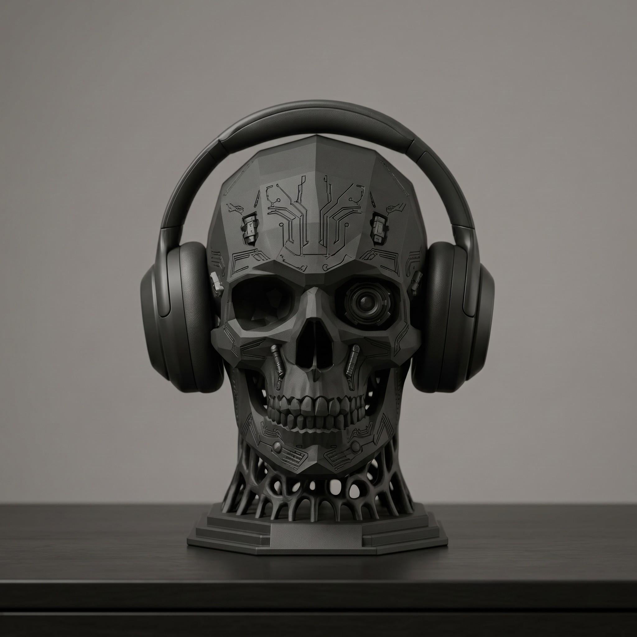 Mechanical Skull Headset Holder – Industrial Sci-Fi Gaming Desk Decor