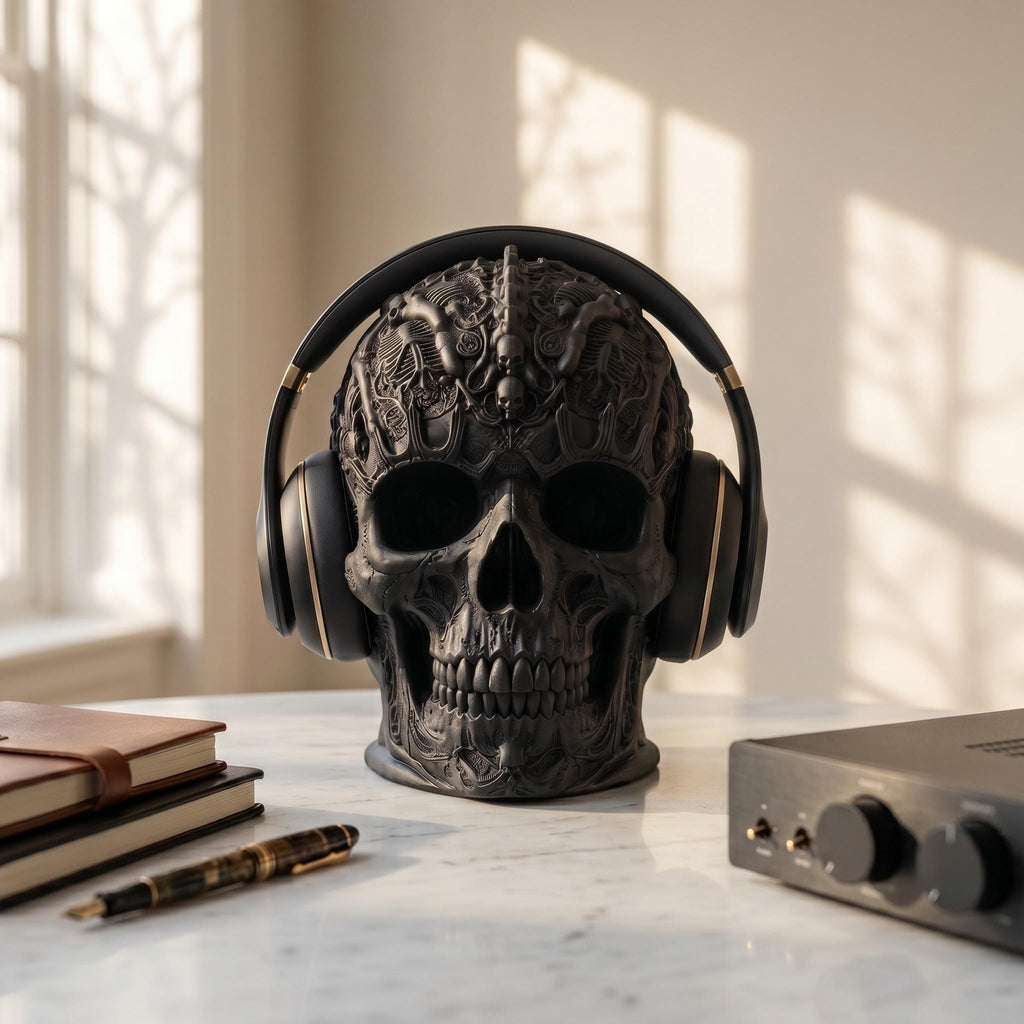 Gothic Skull Headphone Stand – Dark Academia Desk Decor