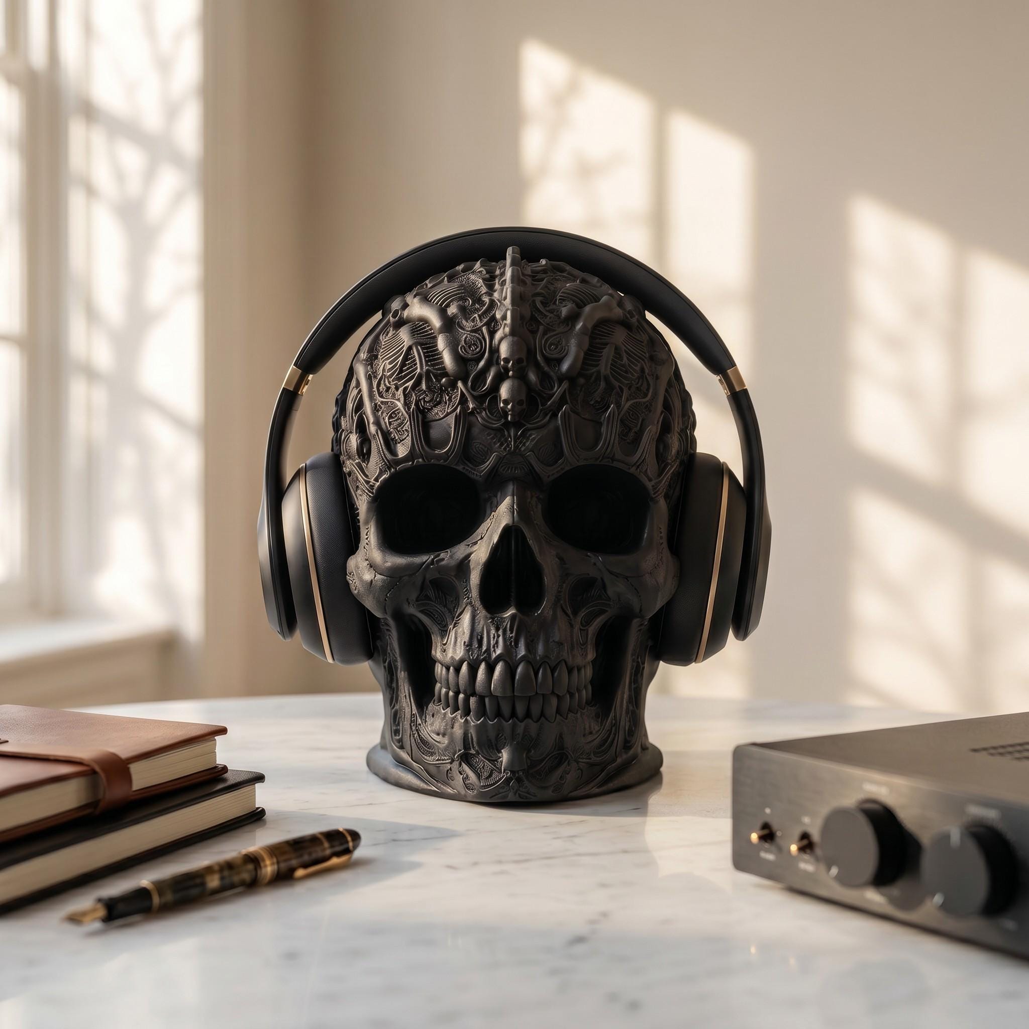 Gothic Skull Headphone Stand – Dark Academia Desk Decor