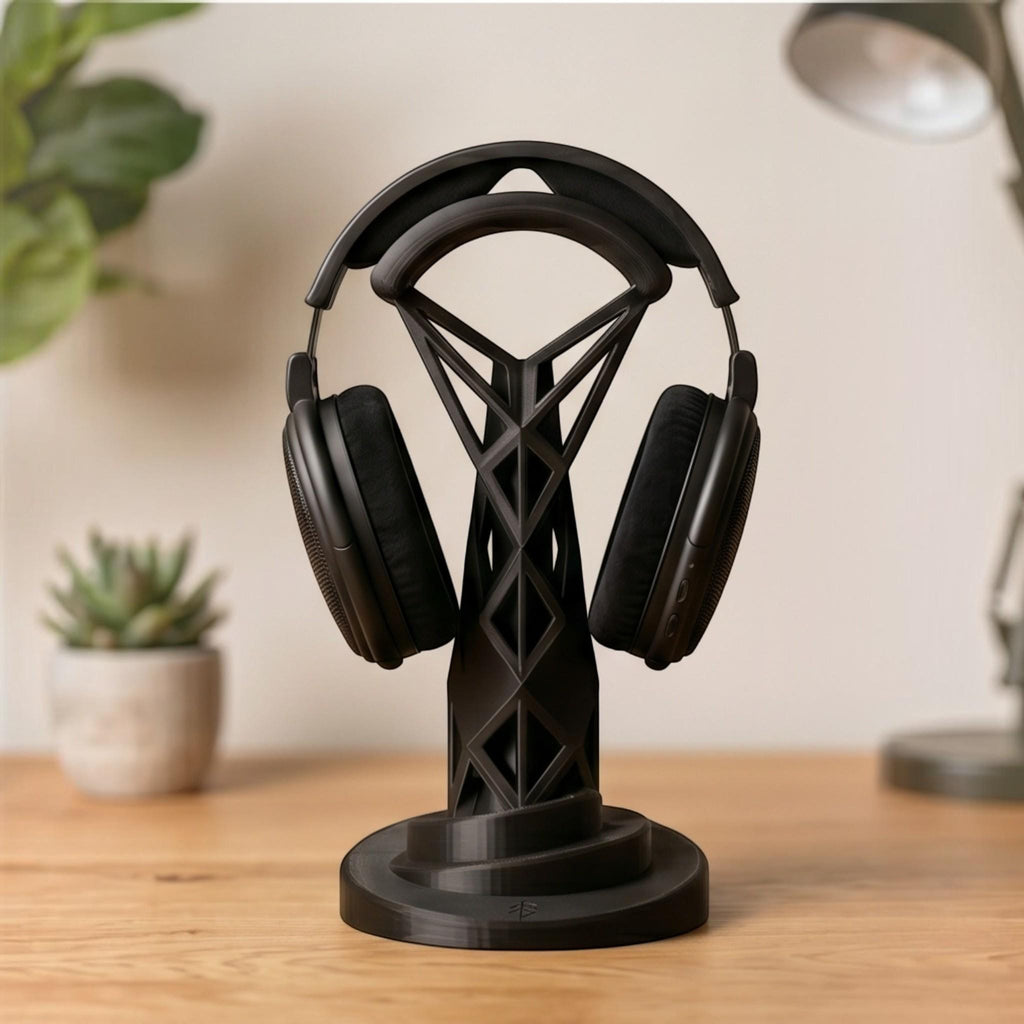 Geometric Headphone Stand – 3D Printed Black Gaming Desk Organizer
