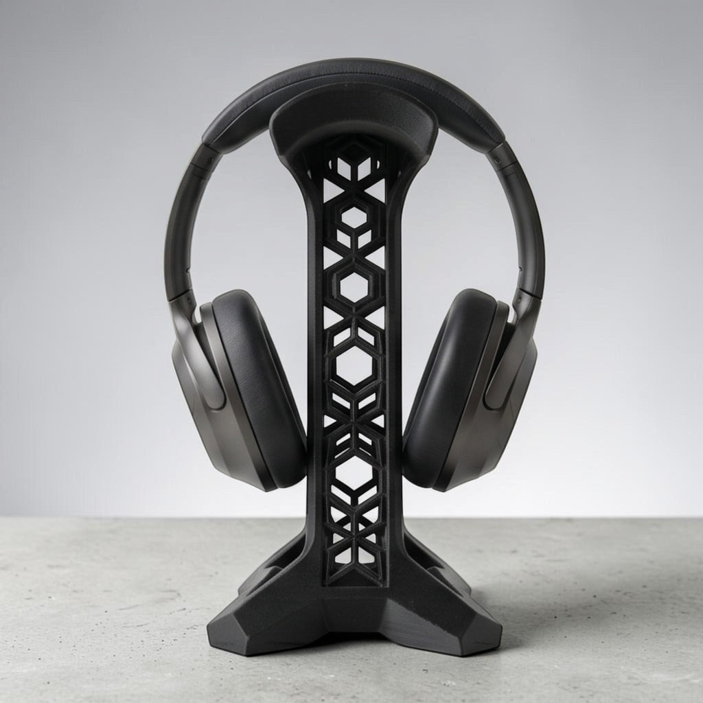 Geometric Lattice Headphone Stand – 3D Printed Black Studio Dock