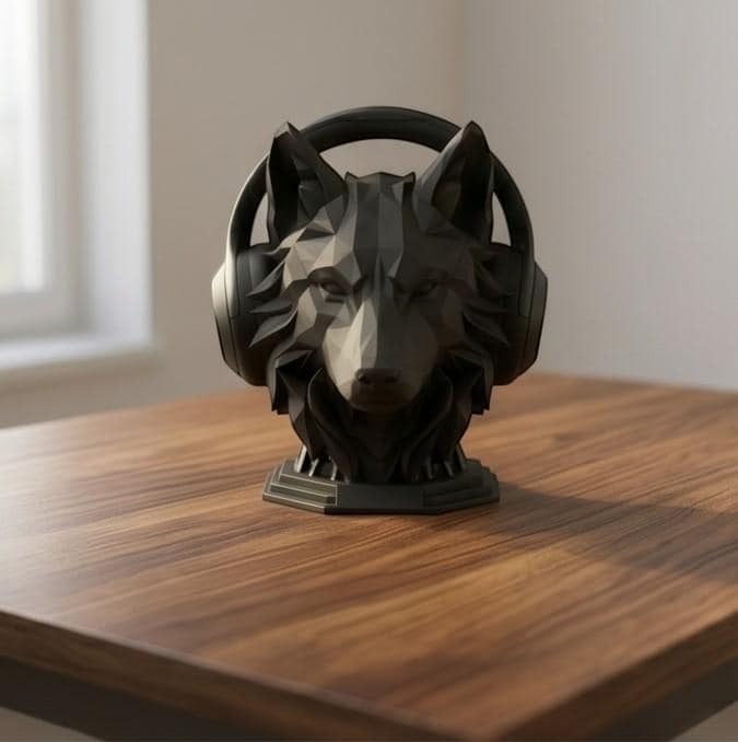Geometric Wolf Headphone Stand – Hexagonal Base, Multi-Color Edition