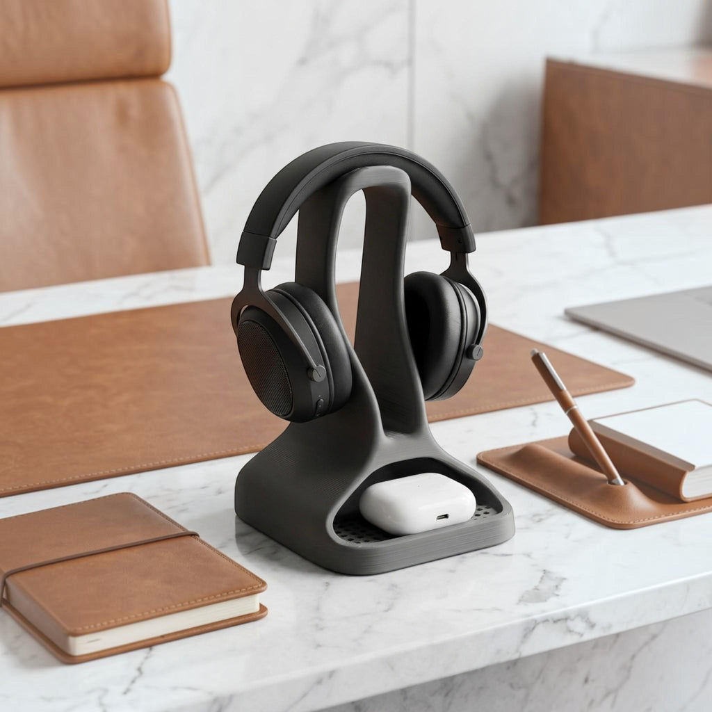Headphone Stand with Earbud Tray – Minimalist 3D Printed Organizer