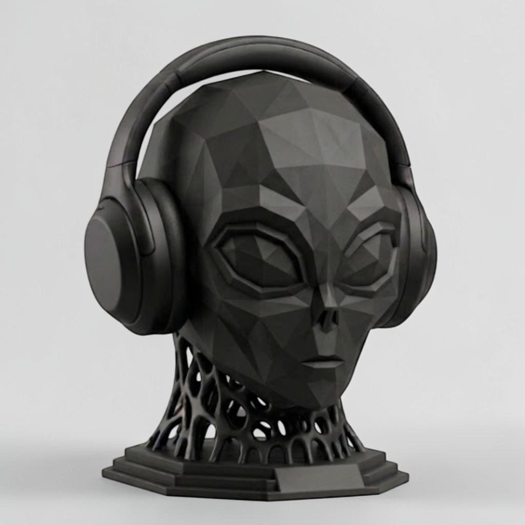 Alien Headphone Stand – Matte Black Extraterrestrial Desk Sculpture