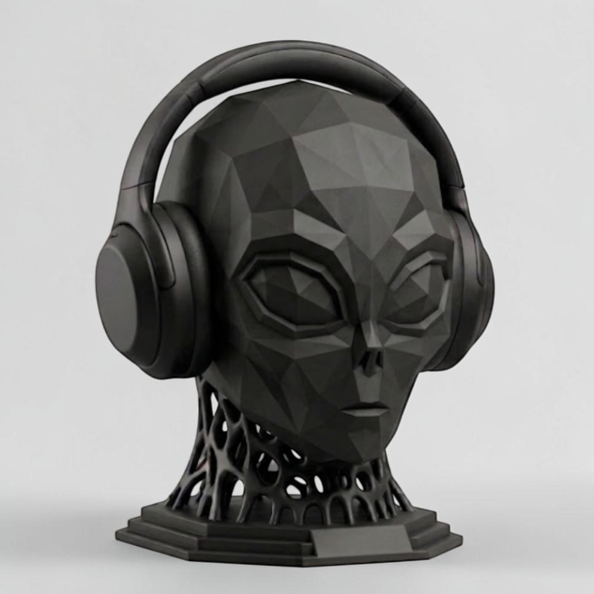 Alien Headphone Stand – Matte Black Extraterrestrial Desk Sculpture