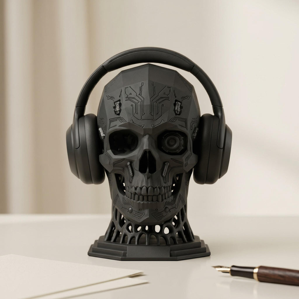 Mechanical Skull Headset Holder – Industrial Sci-Fi Gaming Desk Decor