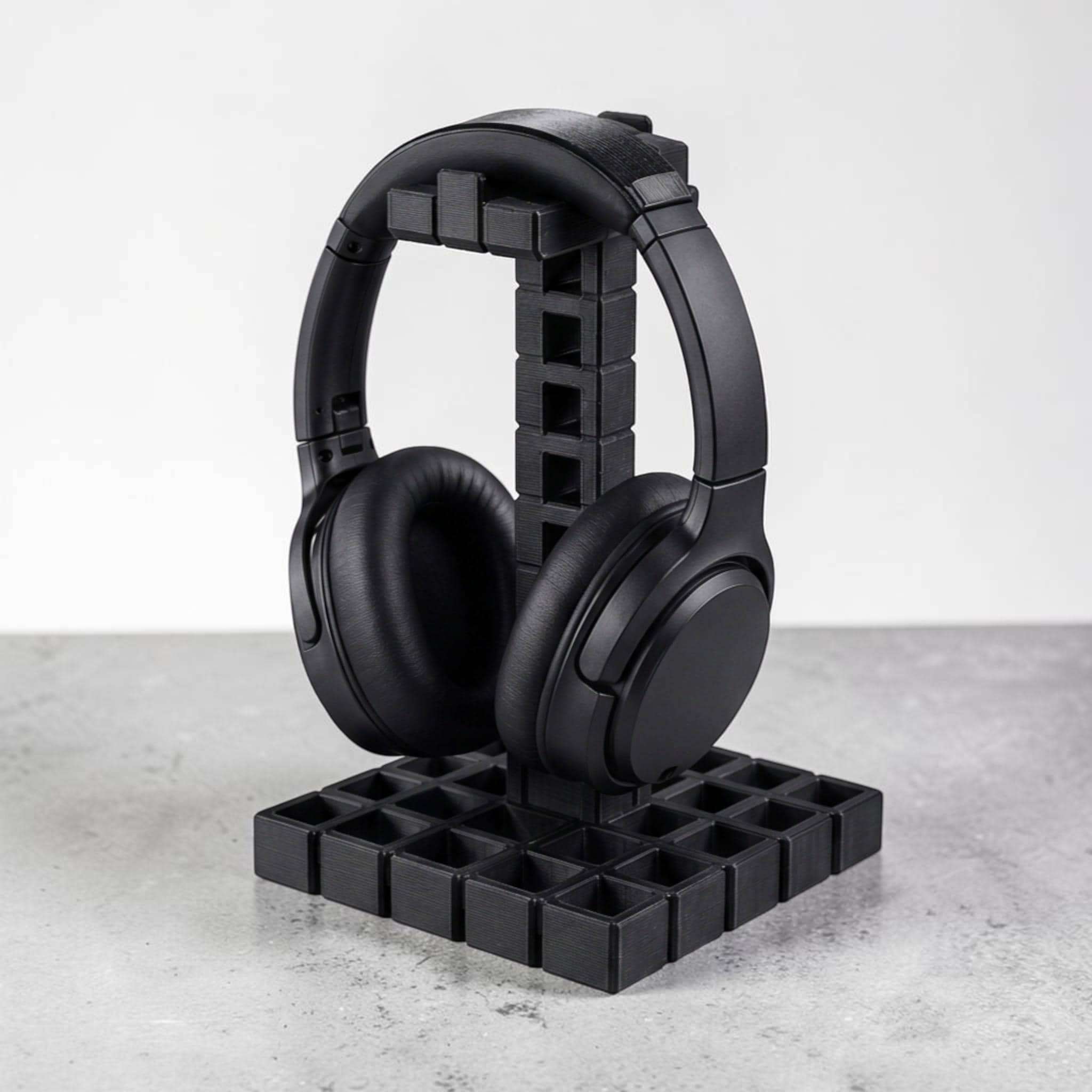 Industrial Grid Headphone Holder – 3D Printed Black Desk Organizer