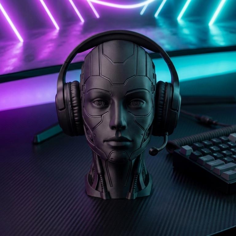 Futuristic Android Headset Holder – Cyberpunk 3D Printed Desk Decor