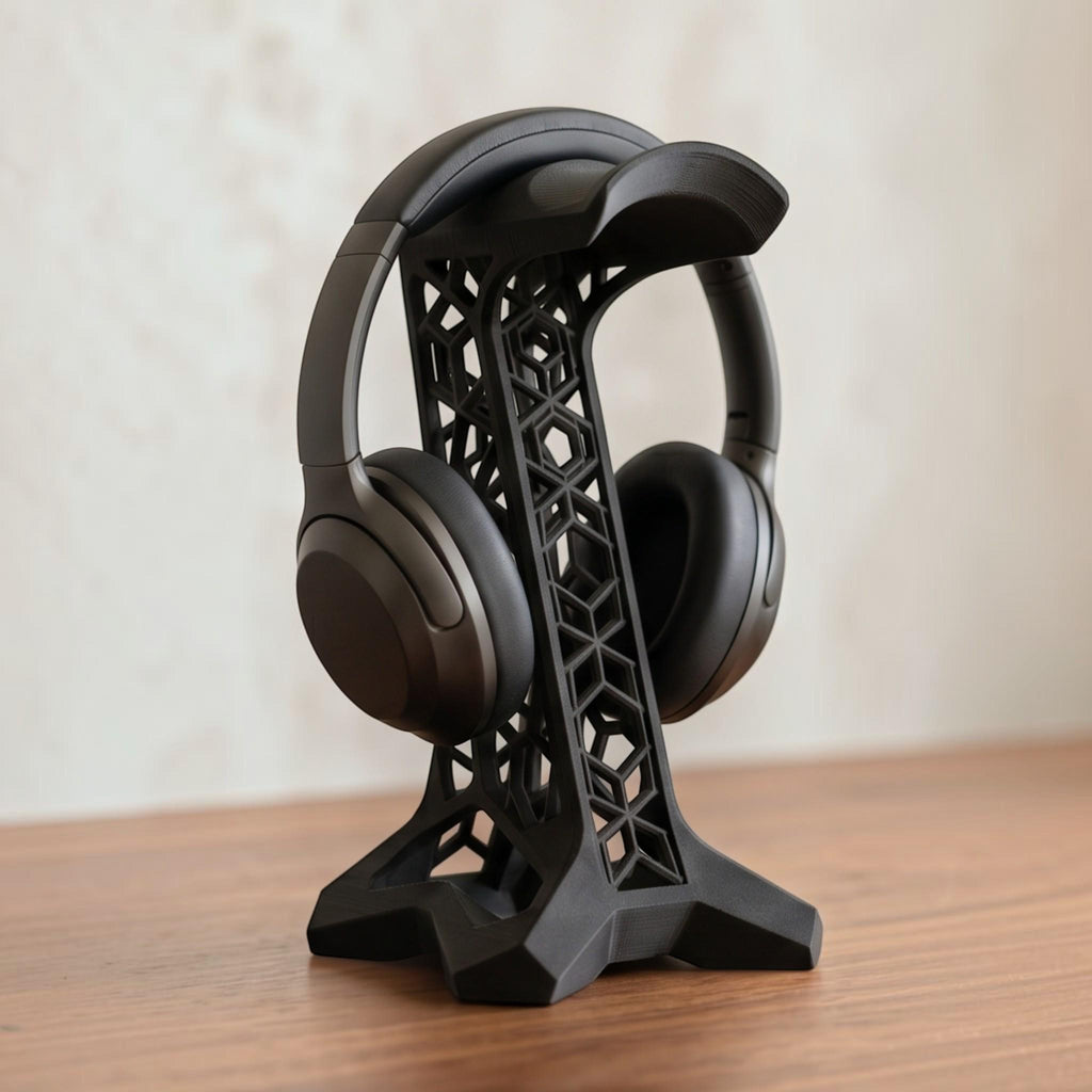 Geometric Lattice Headphone Stand – 3D Printed Black Studio Dock