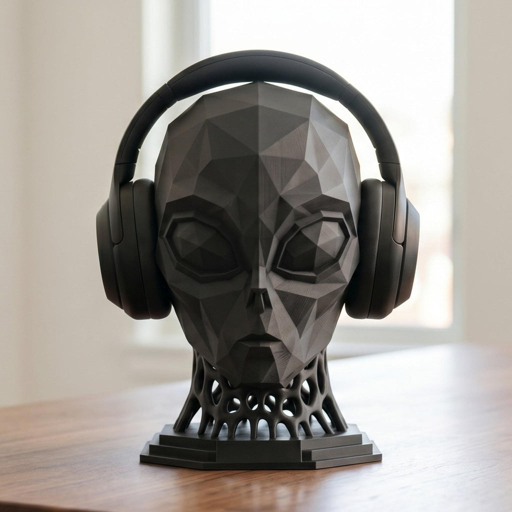 Alien Headphone Stand – Matte Black Extraterrestrial Desk Sculpture