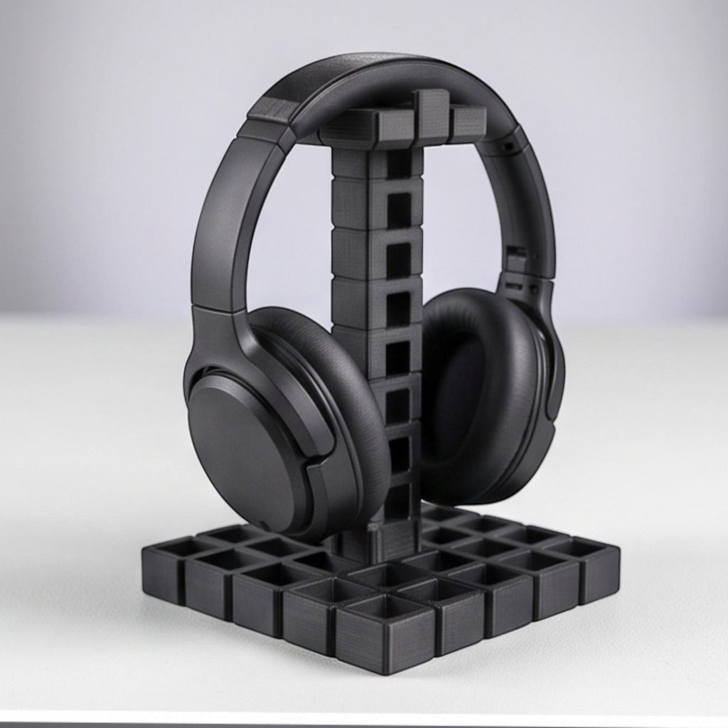 Industrial Grid Headphone Holder – 3D Printed Black Desk Organizer
