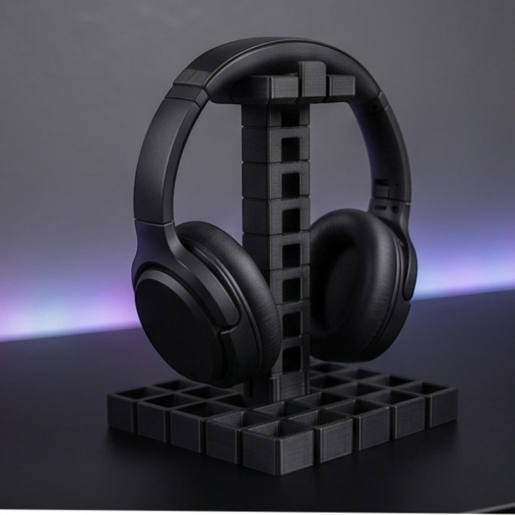 Industrial Grid Headphone Holder – 3D Printed Black Desk Organizer