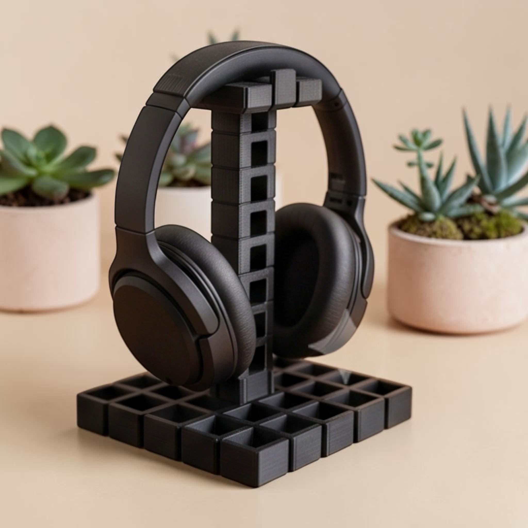 Industrial Grid Headphone Holder – 3D Printed Black Desk Organizer