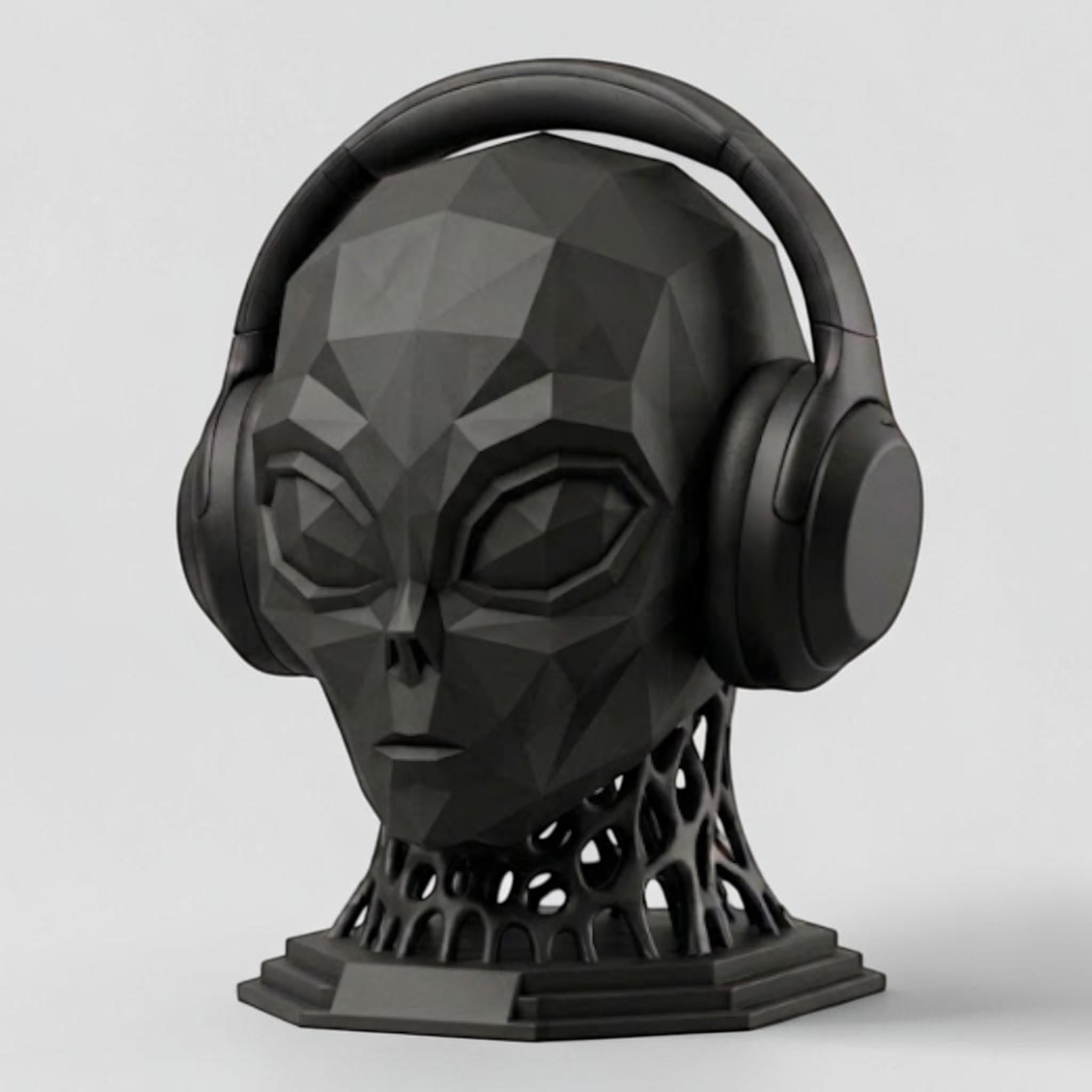 Alien Headphone Stand – Matte Black Extraterrestrial Desk Sculpture