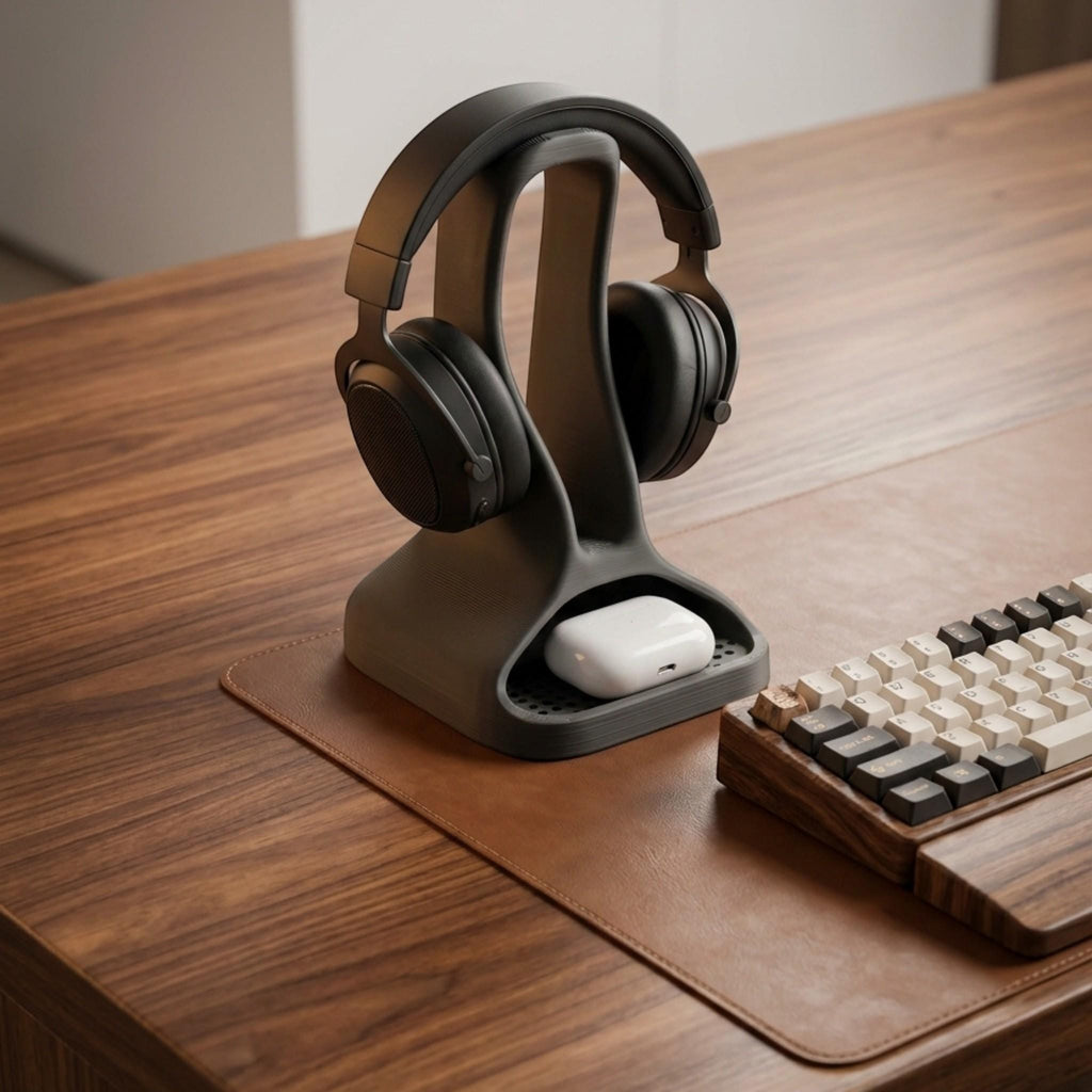 Headphone Stand with Earbud Tray – Minimalist 3D Printed Organizer