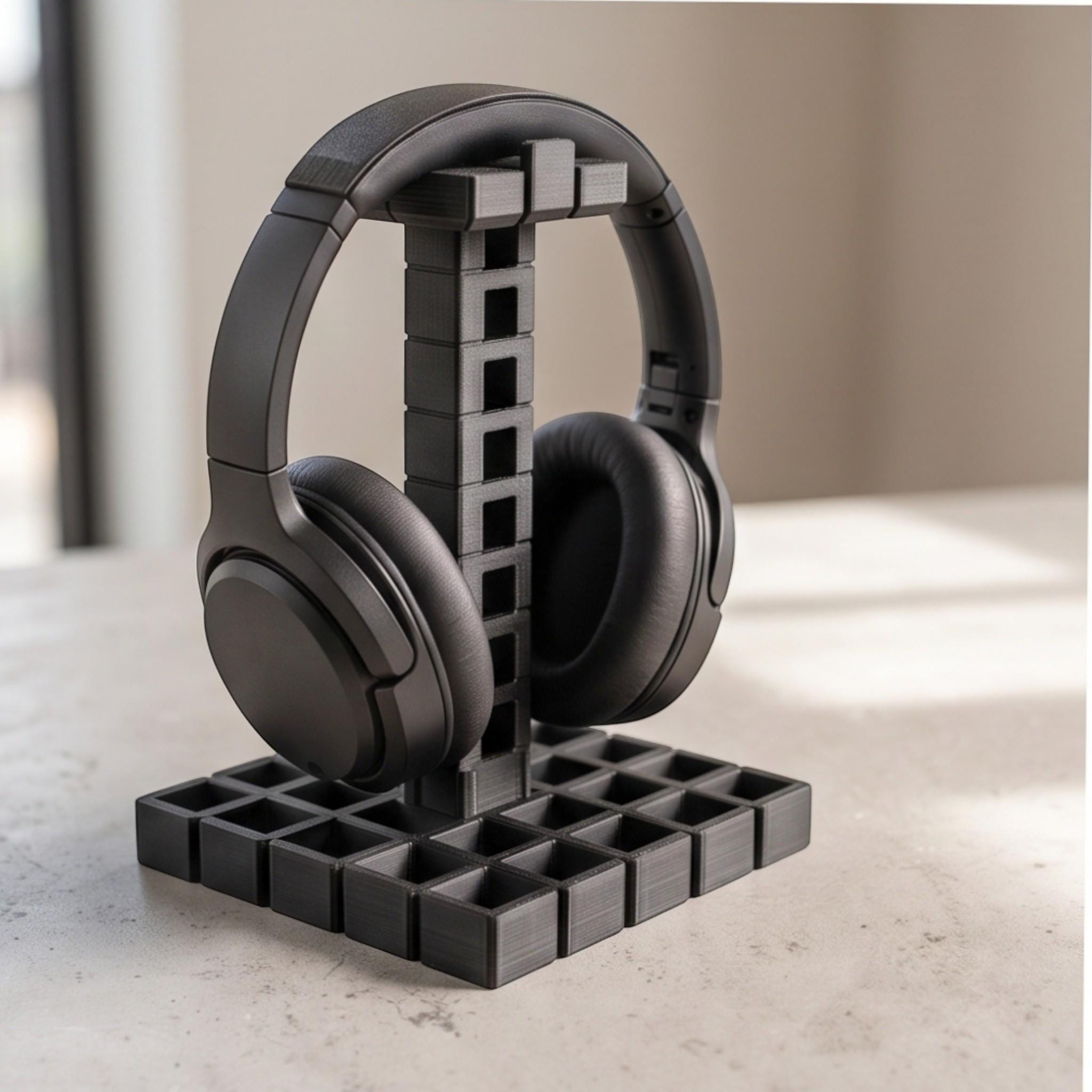 Industrial Grid Headphone Holder – 3D Printed Black Desk Organizer