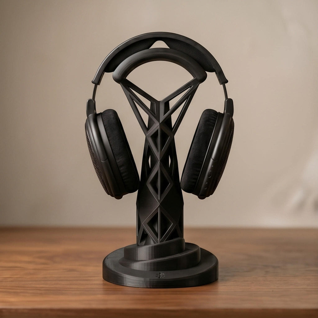 Geometric Headphone Stand – 3D Printed Black Gaming Desk Organizer