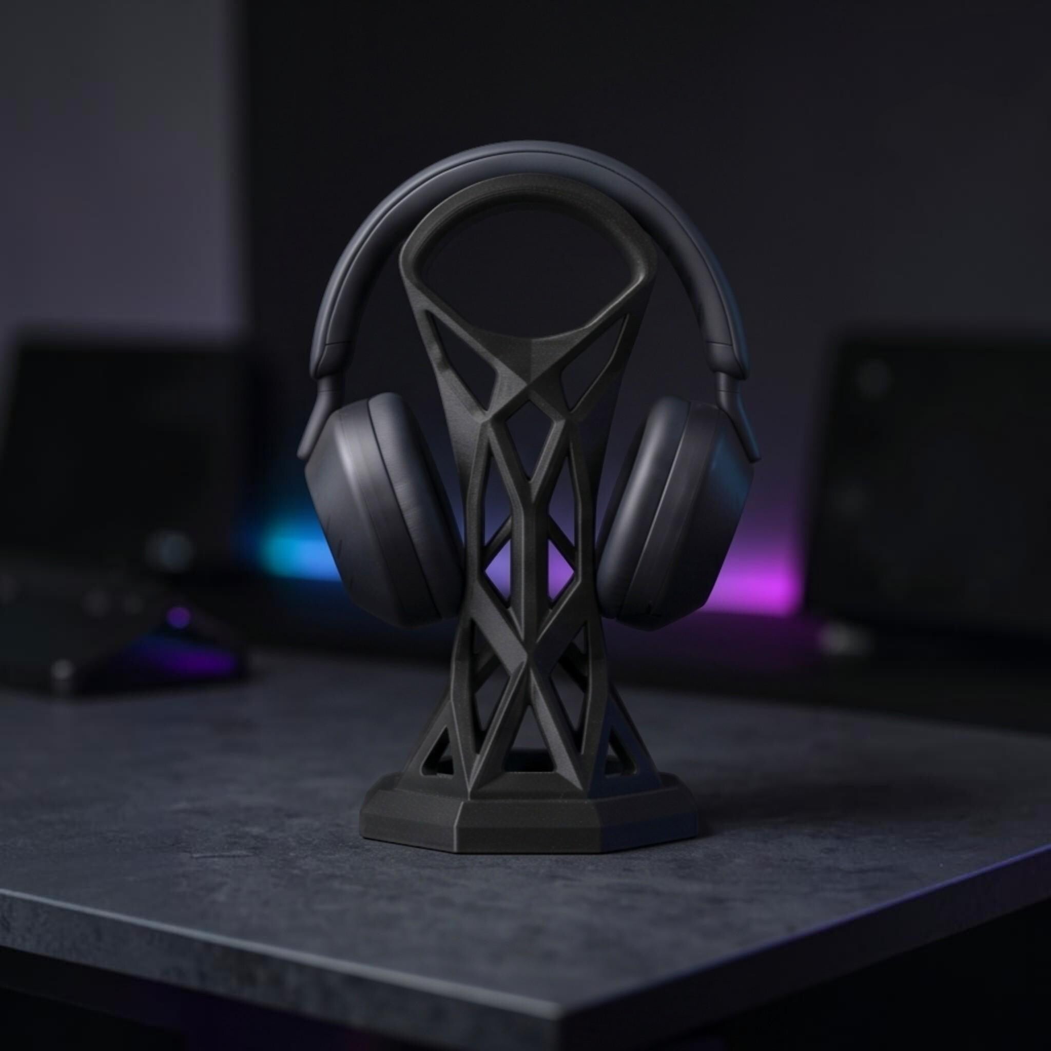 Cage Design Headphone Holder – 3D Printed Black Gaming Desk Stand