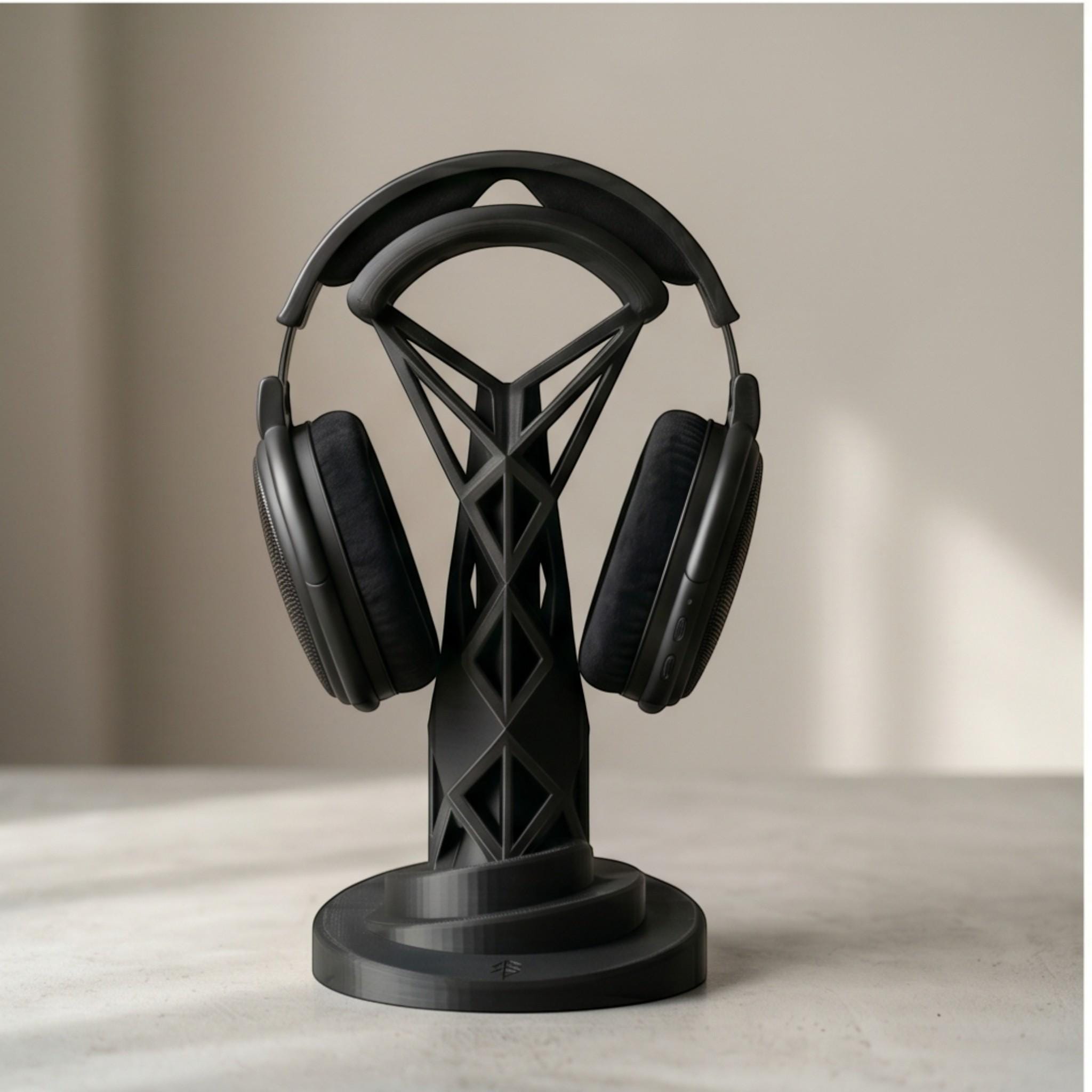 Geometric Headphone Stand – 3D Printed Black Gaming Desk Organizer