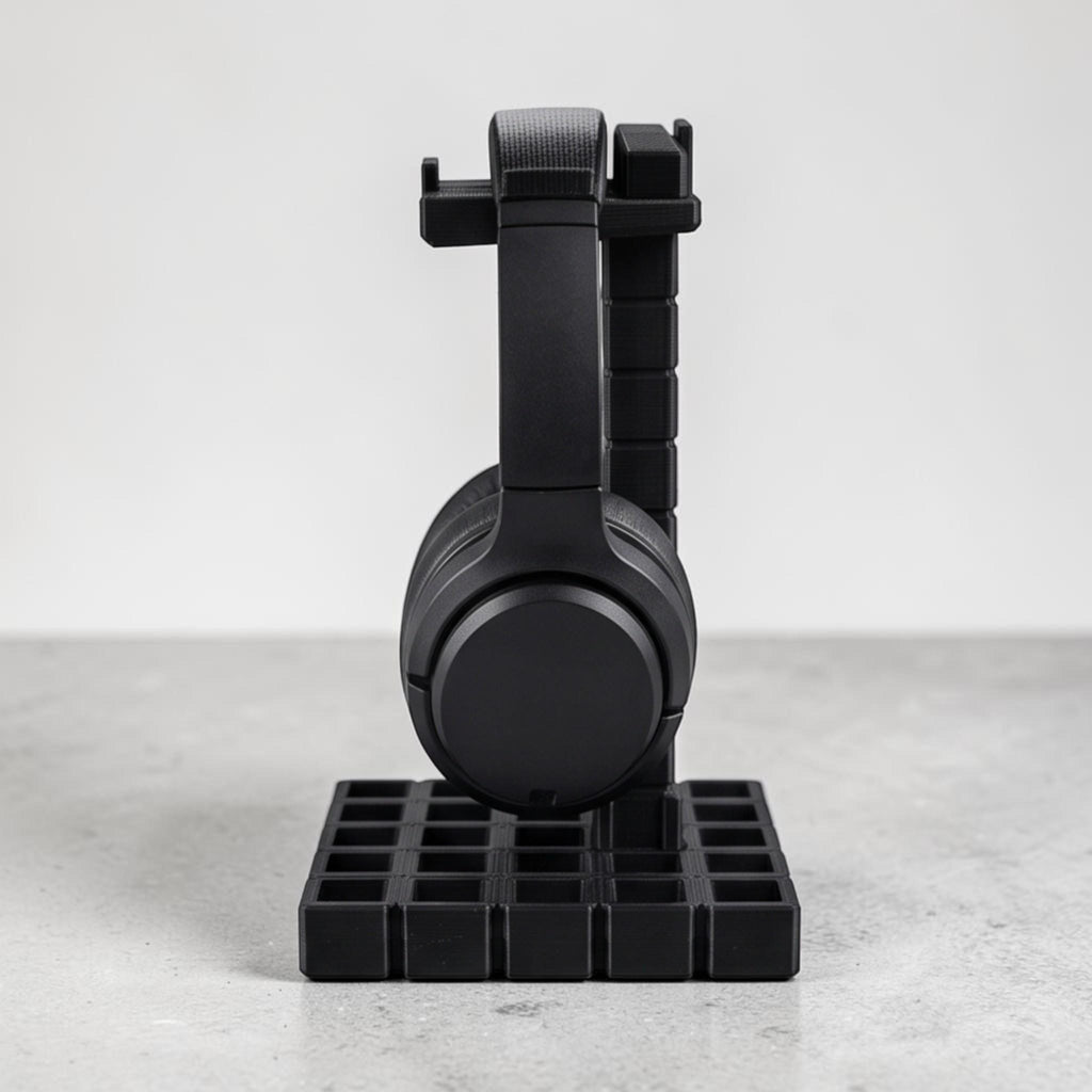 Industrial Grid Headphone Holder – 3D Printed Black Desk Organizer