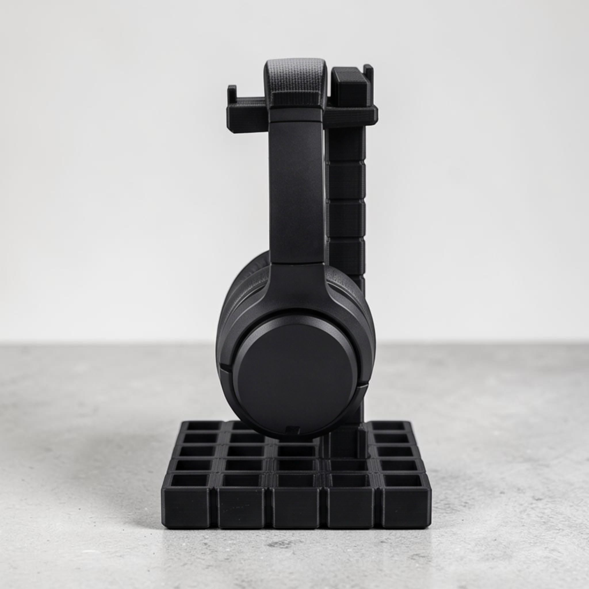 Industrial Grid Headphone Holder – 3D Printed Black Desk Organizer