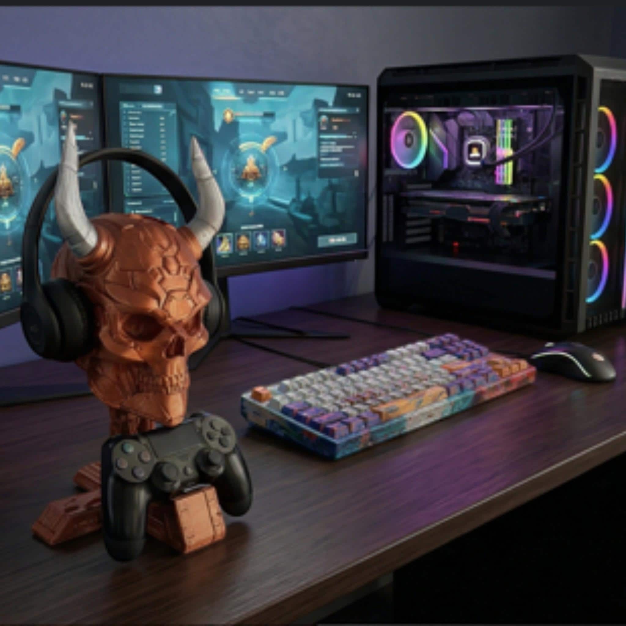 3D Printed Cyber Skull Headset Stand Controller Holder Copper Silver Metallic Finish __etsy:7892097386