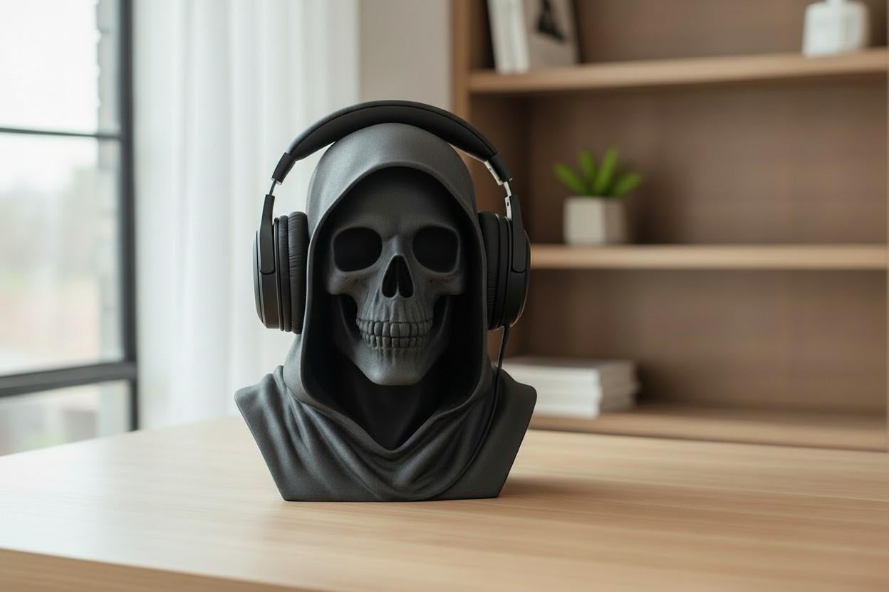 May include: A dark gray skull bust wearing black headphones. The skull has a hood and is sitting on a wooden surface. The background includes a window, a bookshelf, and a small plant. __etsy:8098072394