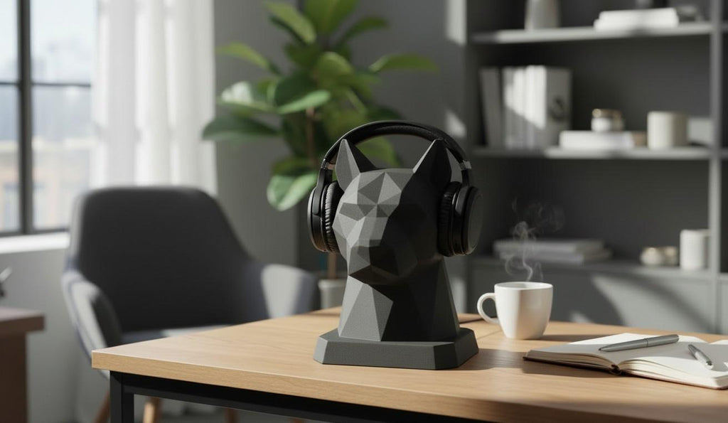 May include: A black geometric cat-shaped headphone stand with black headphones resting on it. The stand is on a wooden desk, next to a white mug and a notebook. The background includes a chair, a plant, and a bookshelf. __etsy:8146002329