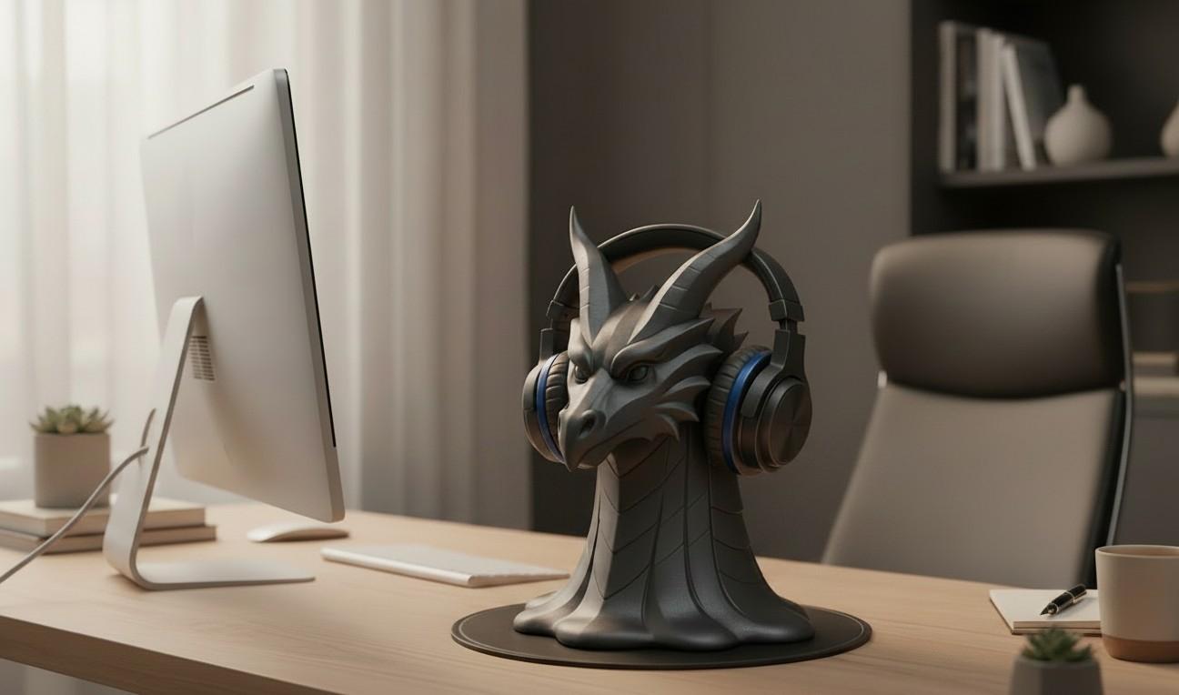 Dragon Head Headphone Stand, Gamer Room Desk Headset Holder, Fantasy Gothic 3D Printed Model __etsy:8098098664