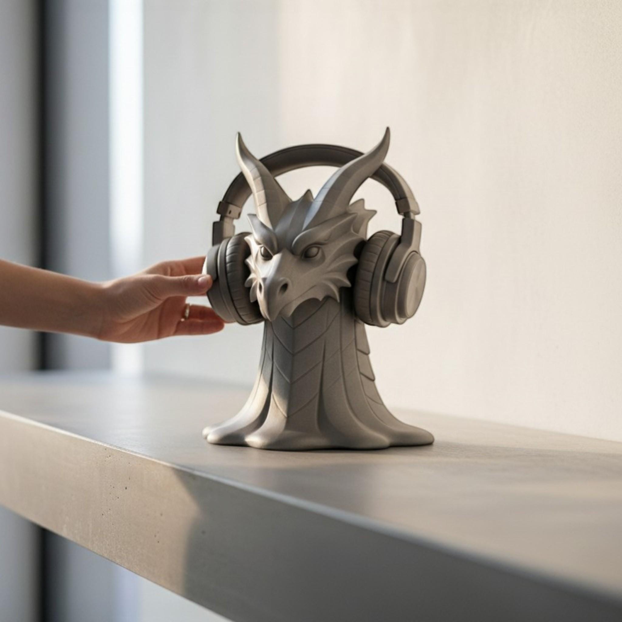 Dragon Head Headphone Stand, Gamer Room Desk Headset Holder, Fantasy Gothic 3D Printed Model __etsy:7795052037