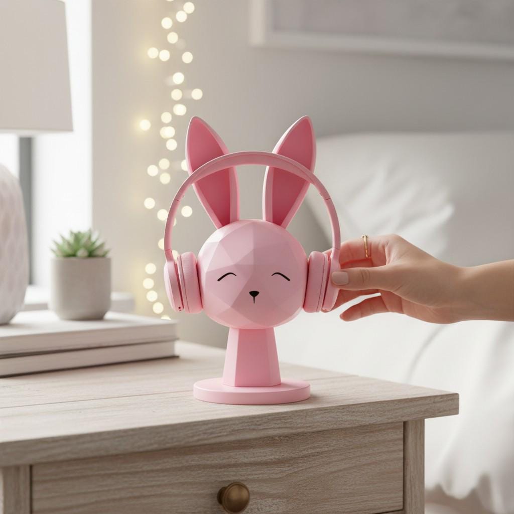 Geometric Bunny Headphone Stand, Kawaii Gaming Desk Decor, Gift for Gamers __etsy:7993325399
