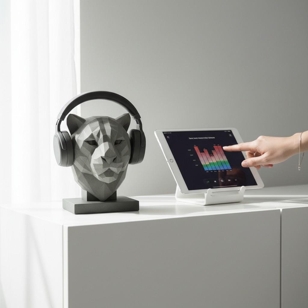 May include: A gray geometric panther head headphone stand with black headphones. A white tablet displays a colorful sound wave graphic. The tablet is on a white stand. The items are on a white surface. __etsy:7937389918