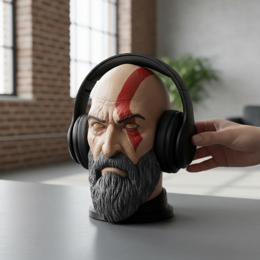 Kratos Headset Stand – God of War Bust 3D Printed Gamer Desk Decor __etsy:7993364783