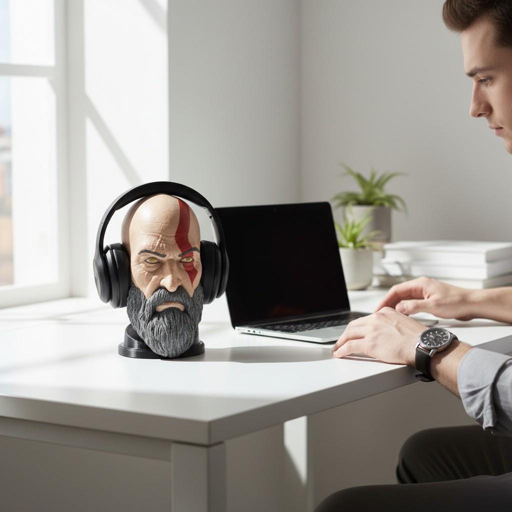 Kratos Headset Stand – God of War Bust 3D Printed Gamer Desk Decor __etsy:7945409364