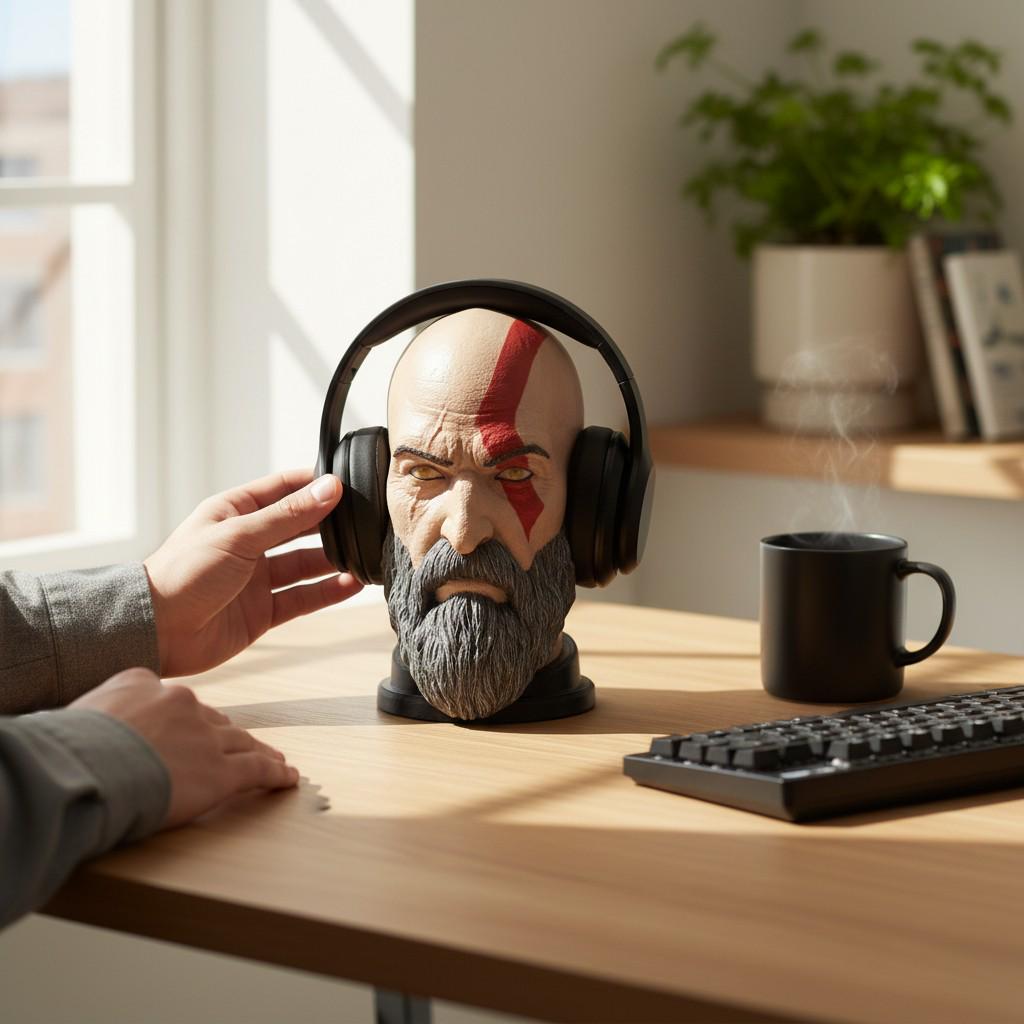 Kratos Headset Stand – God of War Bust 3D Printed Gamer Desk Decor __etsy:7945409354