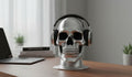 May include: A silver skull-shaped headphone stand with black headphones. The stand is on a wooden desk, with a laptop and books in the background. The skull has detailed teeth and eye sockets. __etsy:8117399430