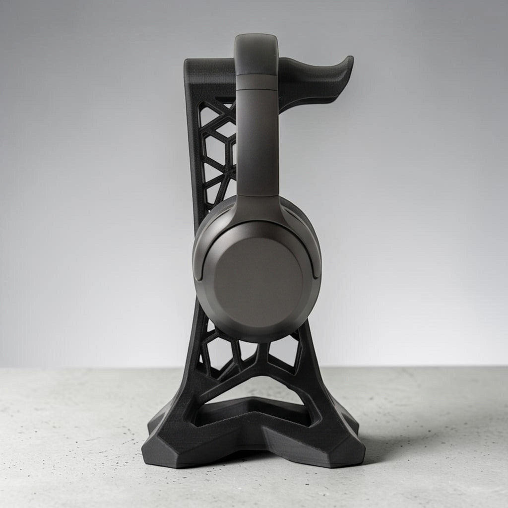 Geometric Lattice Headphone Stand – 3D Printed Black Studio Dock