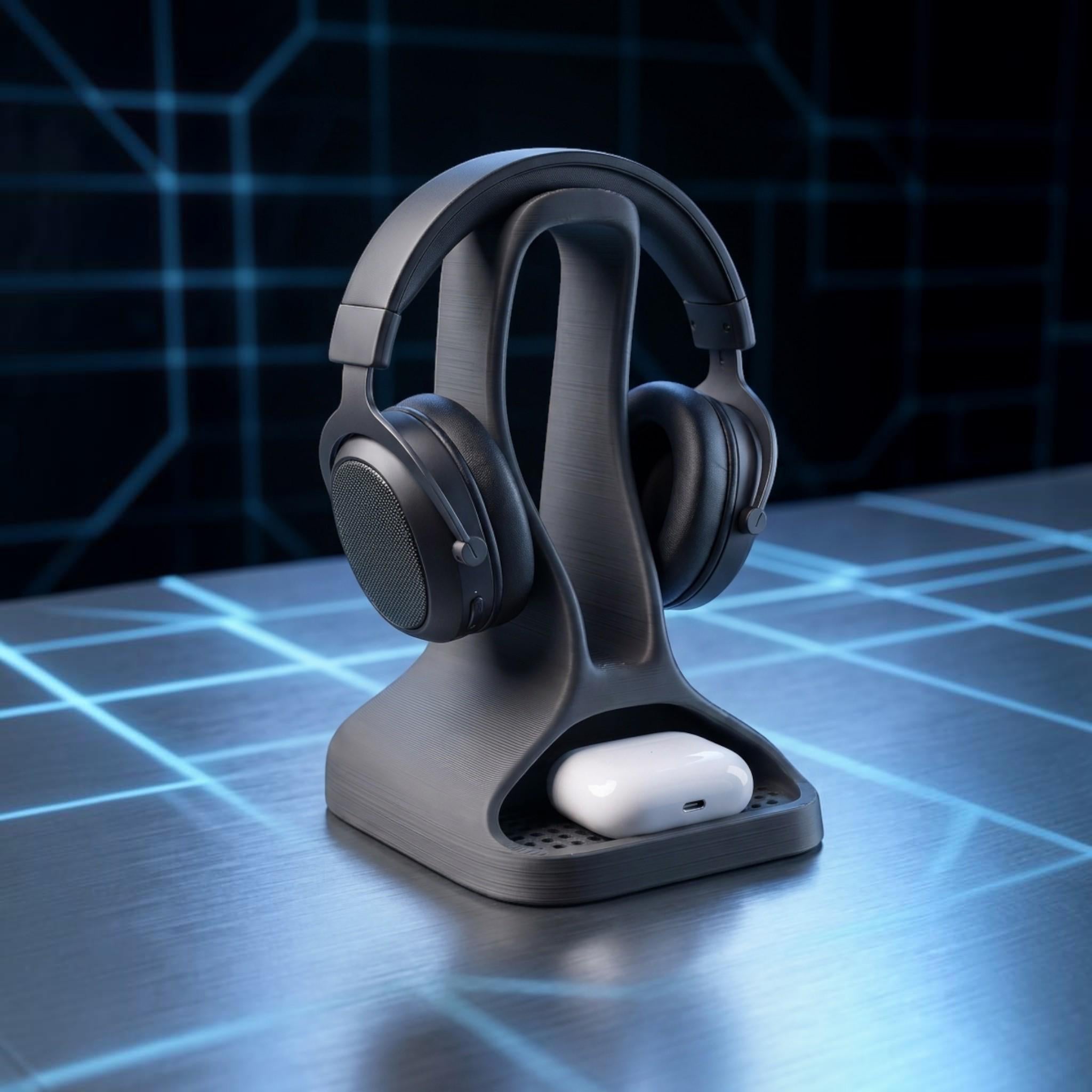 Headphone Stand with Earbud Tray – Minimalist 3D Printed Organizer