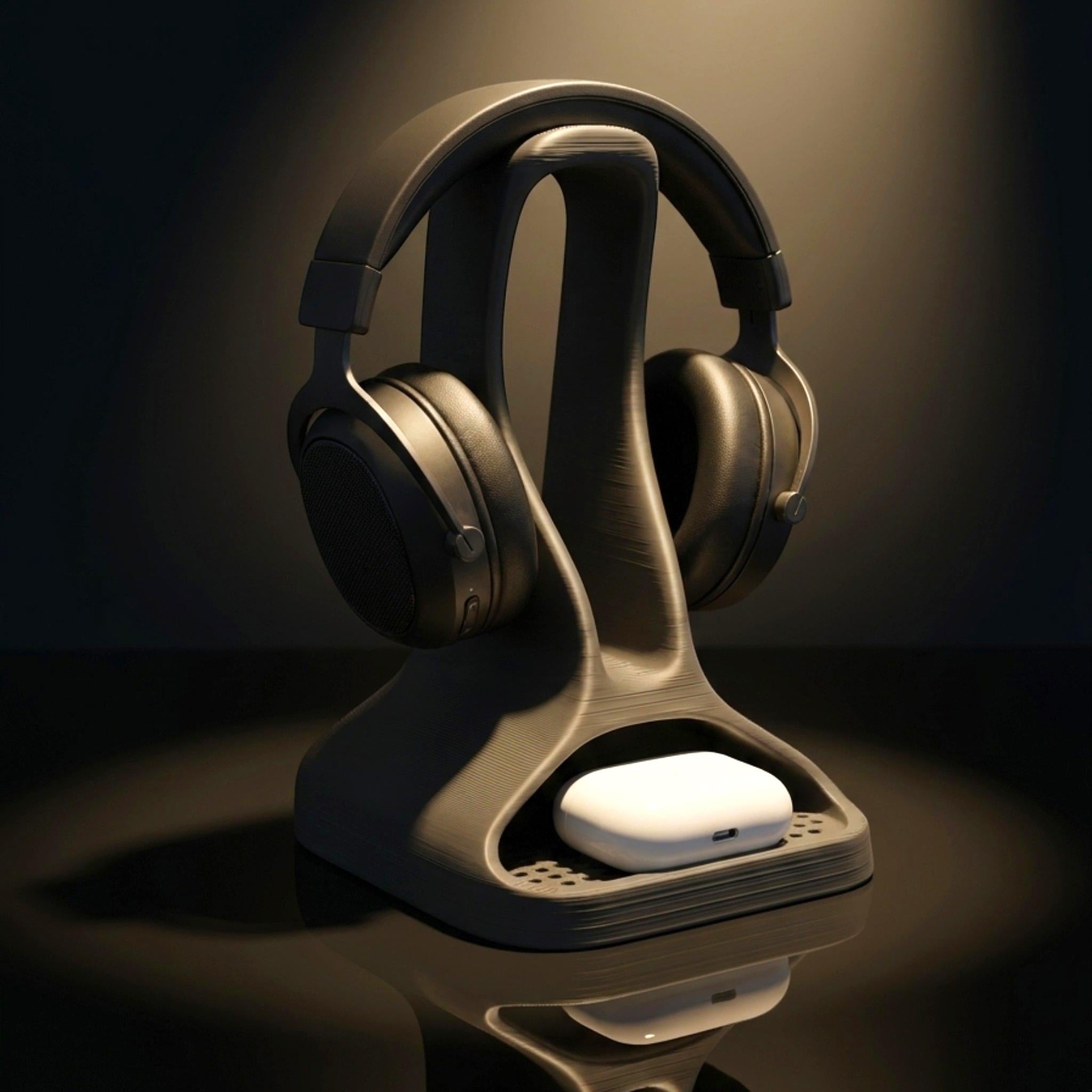 Headphone Stand with Earbud Tray – Minimalist 3D Printed Organizer