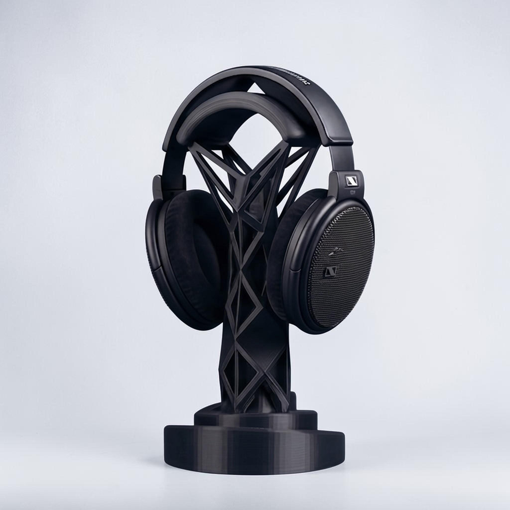 Geometric Headphone Stand – 3D Printed Black Gaming Desk Organizer