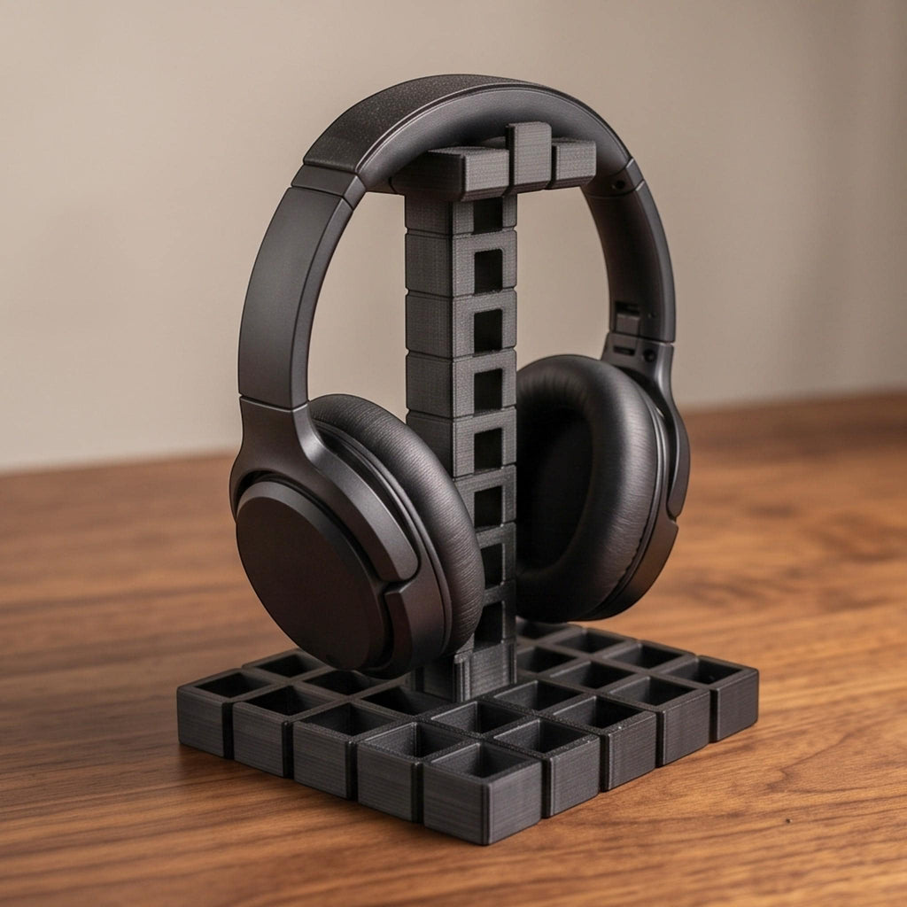 Industrial Grid Headphone Holder – 3D Printed Black Desk Organizer