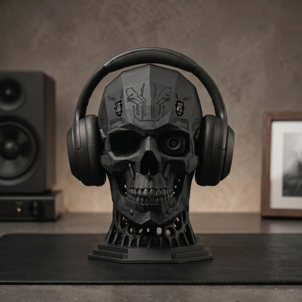 Mechanical Skull Headset Holder – Industrial Sci-Fi Gaming Desk Decor