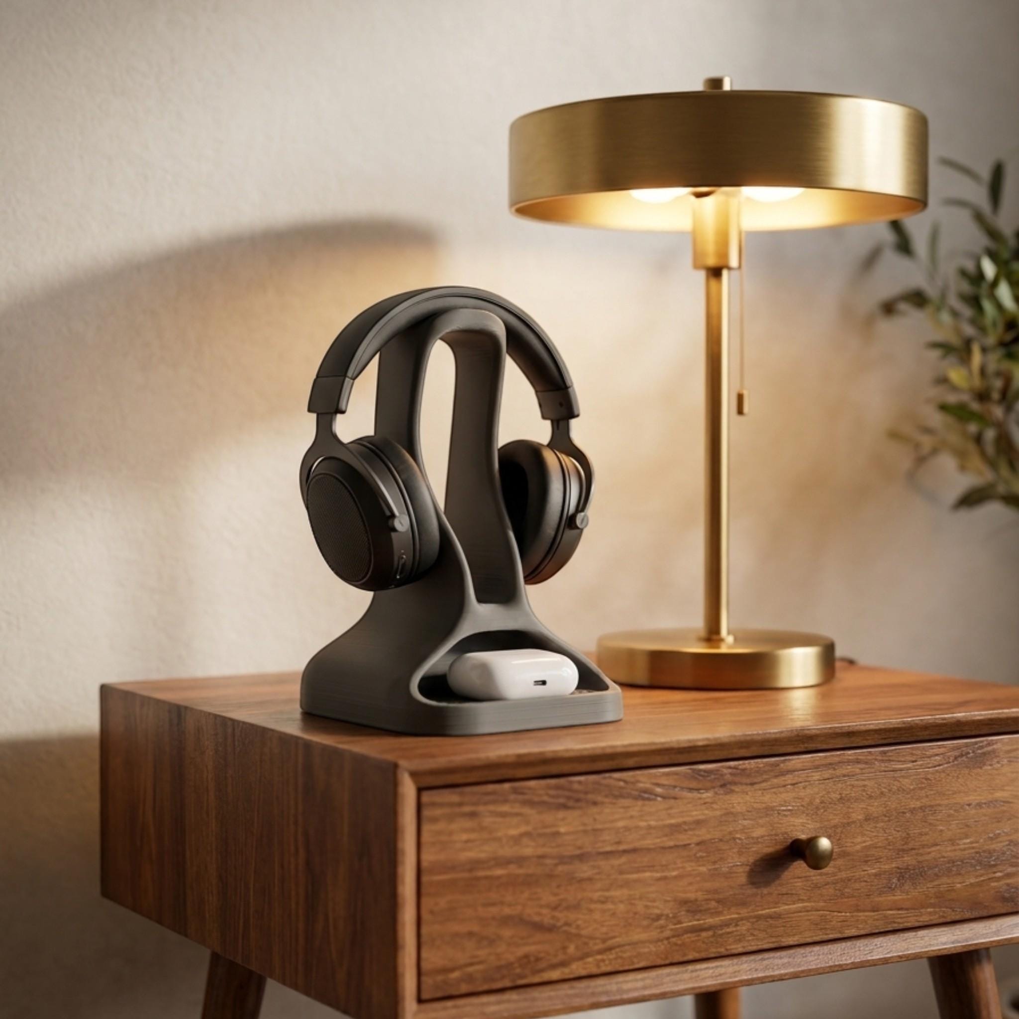 Headphone Stand with Earbud Tray – Minimalist 3D Printed Organizer