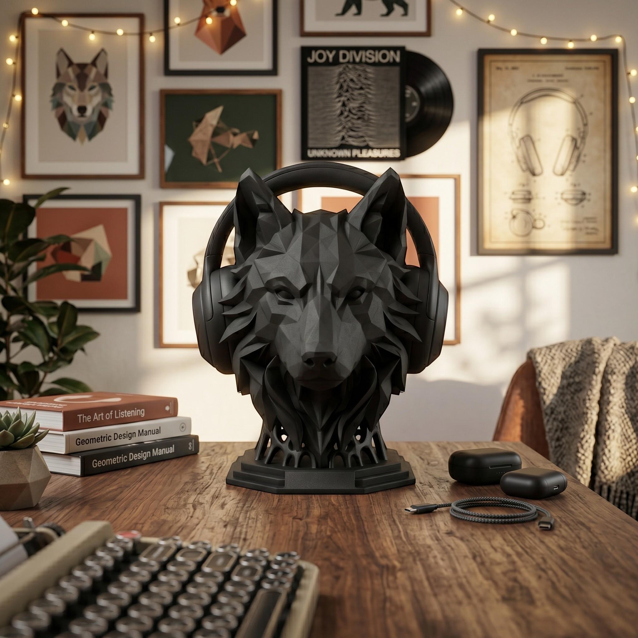 Geometric Wolf Headphone Stand – Hexagonal Base, Multi-Color Edition